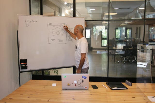 Website usability audit and wireframe planning – Minneapolis Person drawing website wireframes on a whiteboard for a usability audit in Minneapolis